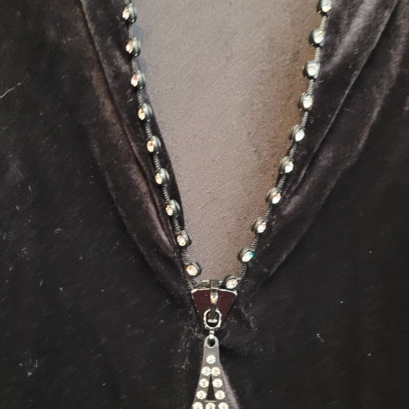 Vintage Gepetto Velour Pullover Black Rhinestone Zipper Women XL Shoulder Pads - Picture 4 of 7